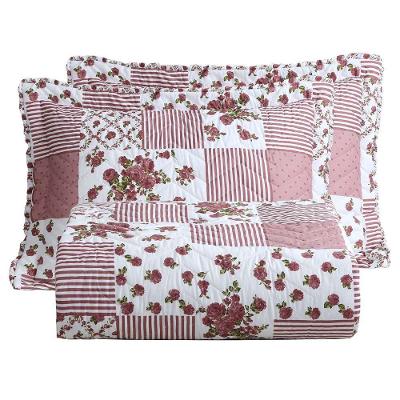 Kit Cobre Leito Colcha Lislie King 3 Peças Percal 300 Fios Dupla Face Estampado - Patchwork Malva - 100% Poliéster