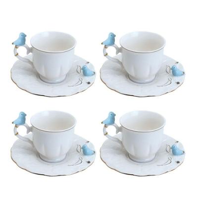 Jogo 4 Xícara De Café Porcelana Birds Azul E Branca Fio Dourado Pássaro Com Pires 100ml Wolff