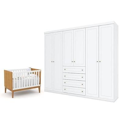 Berço Americano Unique Freijó Branco Soft  Eco Wood - Matic E Guarda Roupa Casal Americano 6 Portas Branco Hp - Henn