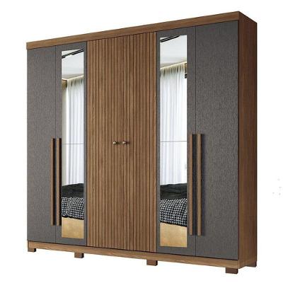 Guarda Roupa Casal Ripado 6 Portas Buriti Com Espelho E Pés Jatobá Grafite Acetinado - Santos Andirá