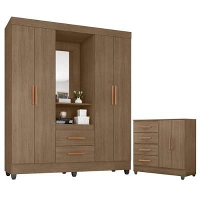Guarda Roupa Casal Capela E Cômoda 4 Gavetas 2 Portas Lite Carvalho Oak - Móveis Leão