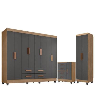 Guarda Roupa Casal Porto Com Cômoda Lite 4 Gavetas 01 Porta E Armário Multiuso Lite Nature Cinza - Móveis Leão