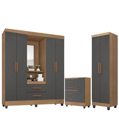 Guarda Roupa Casal Capela Com Cômoda Lite 4 Gavetas 01 Porta E Armário Multiuso Lite Nature Cinza - Móveis Leão