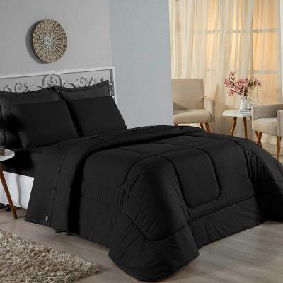 Kit Edredom Dupla Face + Jogo De Lençol Solteiro Nobre 4 Peças Malha 100% Algodão - Preto