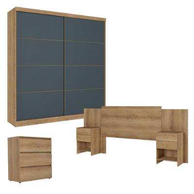 Guarda Roupa Casal Malaga 2 Portas Capuccino Azul Com Cômoda Gaveteiro Condessa E Cabeceira Formosa Capuccino- Thb
