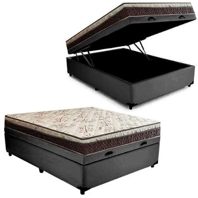 Cama Box Baú Casal Corino + Colchão Casal Espuma Extra Firme D33 Elegance Ortopédico 64x138x188 Cinza