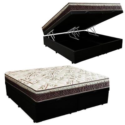 Cama Box Baú Bipartido Casal Sintético + Colchão Casal Espuma Extra Firme D33 Elegance Ortopédico 72x138x188 preto