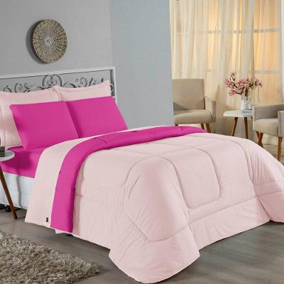 Kit Edredom Dupla Face + Jogo De Lençol King Nobre 6 Peças Malha 100% Algodão - Rosa / Pink