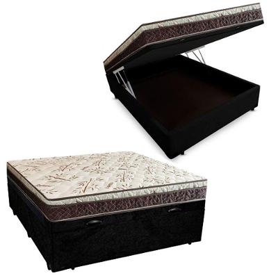 Cama Box Baú Casal Blindado Suede + Colchão Casal Espuma Extra Firme D33 Elegance Ortopédico 72x138x188 Cor:preto