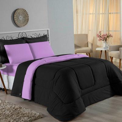 Kit Edredom Dupla Face + Jogo De Lençol Queen Nobre 6 Peças Malha 100% Algodão - Preto / Lilás