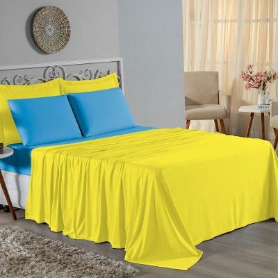 Jogo De Cama Casal Nobre 4 Peças Lençol Com Elástico De 30cm De Altura Malha 100% Algodão - Amarelo / Turquesa