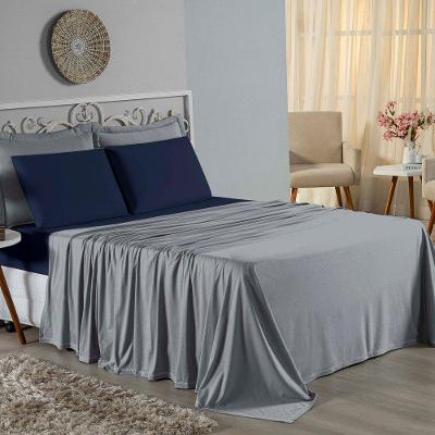 Jogo De Cama King Nobre 4 Peças Lençol Com Elástico De 30cm De Altura Malha 100% Algodão - Cinza / Azul-marinho