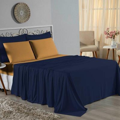 Jogo De Cama King Nobre 4 Peças Lençol Com Elástico De 30cm De Altura Malha 100% Algodão - Azul-marinho / Cobre