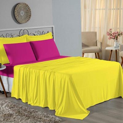 Jogo De Cama King Nobre 4 Peças Lençol Com Elástico De 30cm De Altura Malha 100% Algodão - Amarelo / Pink
