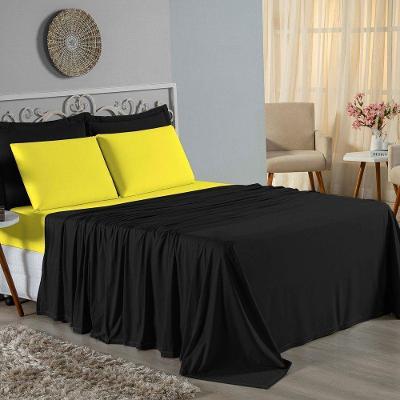 Jogo De Cama King Nobre 4 Peças Lençol Com Elástico De 30cm De Altura Malha 100% Algodão - Preto / Amarelo
