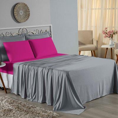 Jogo De Cama King Nobre 4 Peças Lençol Com Elástico De 30cm De Altura Malha 100% Algodão - Cinza / Pink