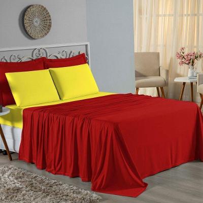 Jogo De Cama King Nobre 4 Peças Lençol Com Elástico De 30cm De Altura Malha 100% Algodão - Vermelho / Amarelo