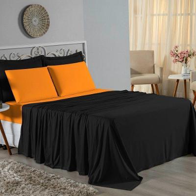 Jogo De Cama Queen Nobre 4 Peças Lençol Com Elástico De 30cm De Altura Malha 100% Algodão - Preto / Laranja