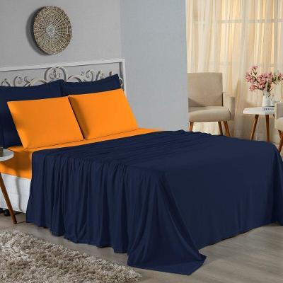 Jogo De Cama Solteiro Nobre 3 Peças Lençol Com Elástico De 30cm De Altura Malha 100% Algodão - Azul-marinho / Laranja