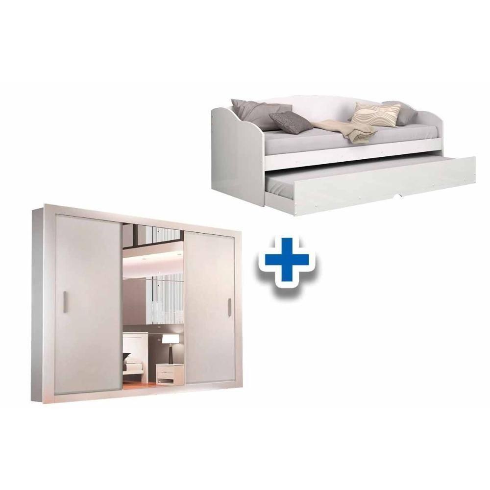 Cama Sofá Funny II c/ Auxiliar + 2 Colchões Orthocrin + Guarda Roupa Veneza Branco - 1
