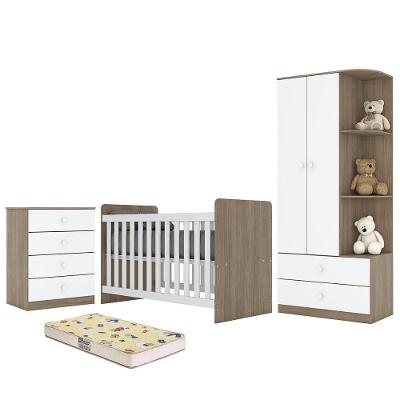 Dormitório Infantil Labirinto Com Guarda Roupa, Cômoda, Berço Rústico-branco E Colchão - Móveis Henn Rústico-branco