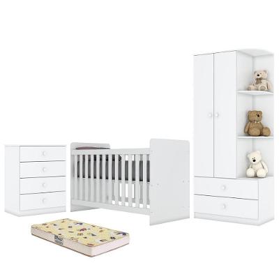 Dormitório Infantil Labirinto Com Guarda Roupa, Cômoda, Berço Branco Brilho E Colchão - Móveis Henn Branco Brilho