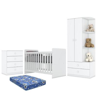 Dormitório Infantil Labirinto Guarda Roupa, Cômoda E Berço Branco Brilho Com Colchão - Móveis Henn Branco Brilho