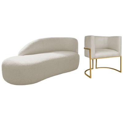 Kit Divã Luna 140cm Lado Esquerdo E 01 Poltrona Base De Ferro Dourado Bouclé Bege