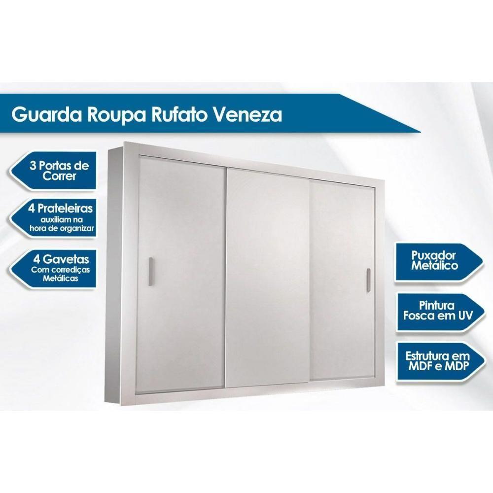 Guarda Roupa Casal 3 Portas de Correr e 4 Gavetas Veneza Branco - Rufato - 4