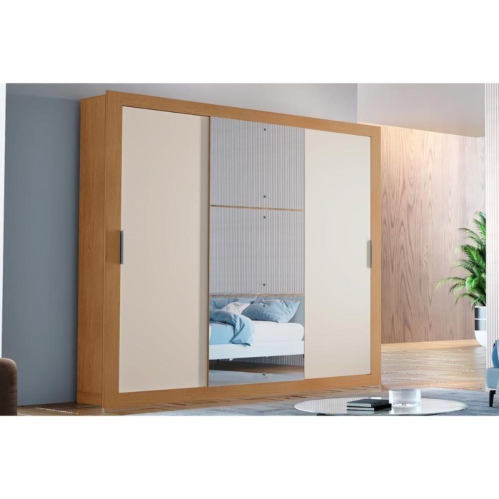 Guarda Roupa Casal 3 Portas de Correr e 4 Gavetas c/ Espelho Veneza Luxo Naturale/Off White - Rufato - 1