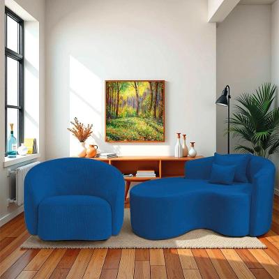Kit Recamier Curvo Sala De Estar Inglaterra 150cm Lado Esquerdo E Poltrona Orgânica Luxo Amore Linho Azul Royal