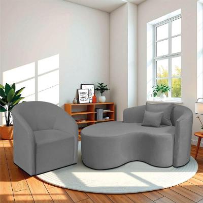 Kit Recamier Curvo Sala De Estar Inglaterra 150cm Lado Esquerdo E Poltrona Orgânica Luxo Luiza Max Bouclé Cinza