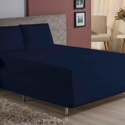 Jogo De Cama Queen Nobre 3 Peças Luva De Box 55cm De Altura Malha 100% Algodão - Azul-marinho