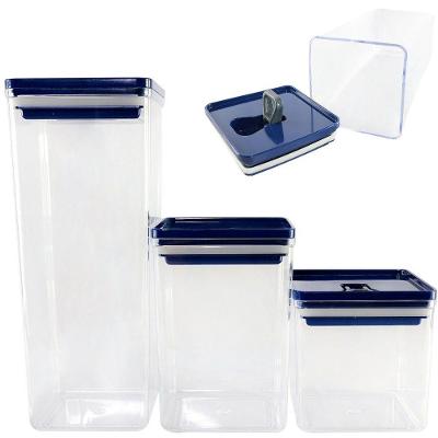 Kt 3 Peças Organizador Hermético Cozinha Transparente Armazena Alimentos Grãos Cereais Resistente Tampa Azul Com Trava