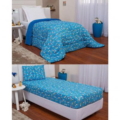 Kit Edredom Solteiro Dupla Face E Lençol Dalmatas Malha Azul Royal - 100% Poliéster