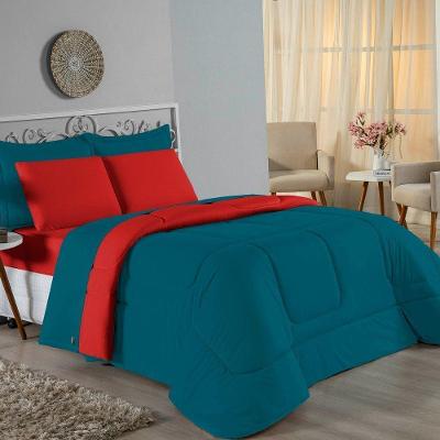 Edredom Queen Nobre 1 Peça Dupla Face 2,20m X 2,40m Malha 100% Algodão - Petróleo / Vermelho
