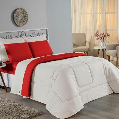Edredom Queen Nobre 1 Peça Dupla Face 2,40m X 2,60m Malha 100% Algodão - Palha / Vermelho