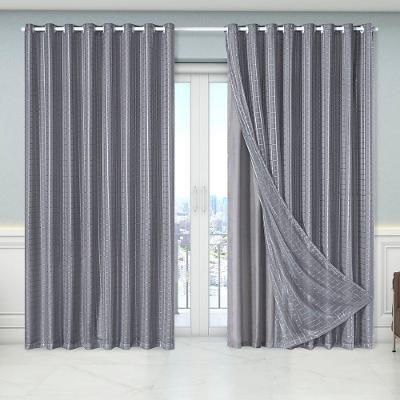 Cortina Dual Forro Microfibra C/ Voil Xadrez 5,60m X 2,70m 100% Poliéster - Cinza