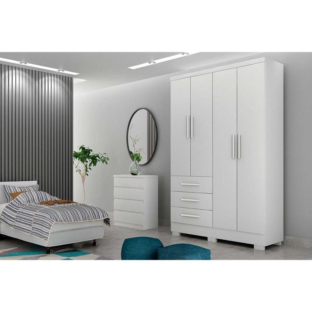 Guarda Roupa Solteiro Encant 4 Portas 3 Gavetas c/Espelho e Pés Branco - Novo Horizonte - 1