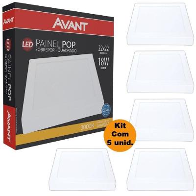 Kit 5 Plafon Painel Led Avant Alu 18w Amarelo 3000k 1260 Lúmens Quadrado De Sobrepor 22x22cm Bivolt