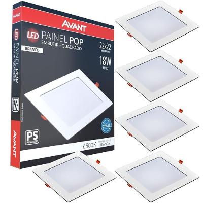 Kit 5 Plafon Painel De Led Avant Pop 18w Branco 6500k 1080 Lúmens Quadrado De Embutir 22x22cm Bivolt