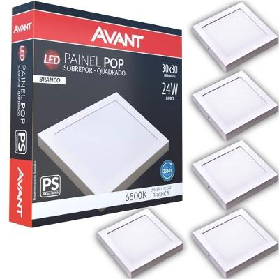 Kit 5 Plafon Painel Led Avant Pop 24w Branco 6500k 1680 Lúmens Quadrado De Sobrepor 30x30cm Bivolt