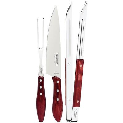 Jogo Trinchante Tramontina Com Lâminas Em Inox E Cabos De Madeira Tratada Polywood Vermelho 3 Peças