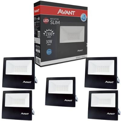 Kit 5 Refletor Led Holofote Avant 30w Luz Branco Frio 2250 Lúmens Slim30 Resist Chuva Ip65 Bivolt