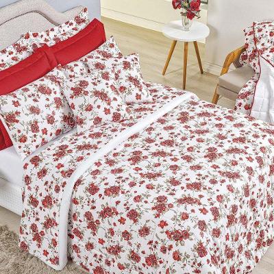 Kit Edredom Craft Casal Queen Dupla Face 5 Peças Percal 200 Fios 100% Algodão - Estampa Rosas Vermelha