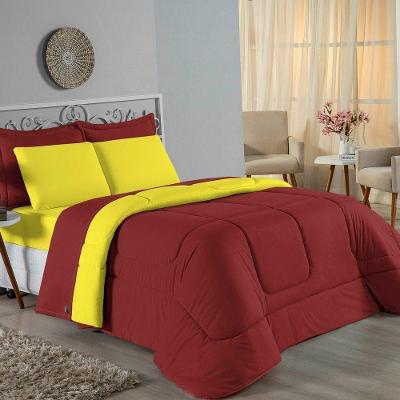 Kit Edredom Dupla Face + Jogo De Lençol Casal Nobre 7 Peças Malha 100% Algodão - Vinho / Amarelo