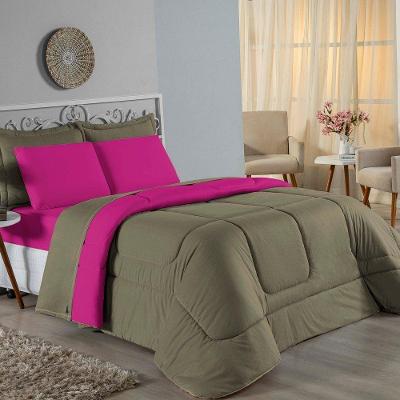 Kit Edredom Dupla Face + Jogo De Lençol Casal Viúva Nobre 6 Peças Malha 100% Algodão - Avelã / Pink