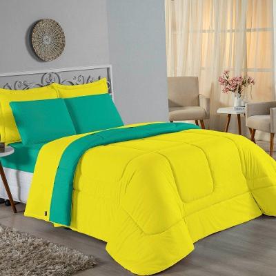 Kit Edredom Dupla Face + Jogo De Lençol Casal Viúva Nobre 7 Peças Malha 100% Algodão - Amarelo / Jade