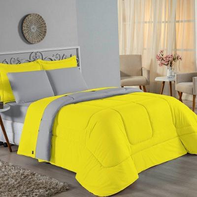 Kit Edredom Dupla Face + Jogo De Lençol King Nobre 6 Peças Malha 100% Algodão - Amarelo / Cinza