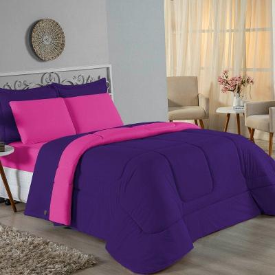 Kit Edredom Dupla Face + Jogo De Lençol King Nobre 7 Peças Malha 100% Algodão - Roxo / Pink